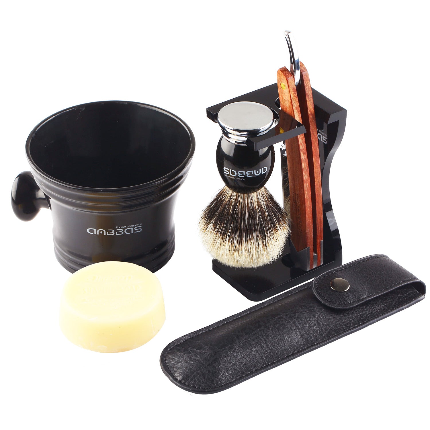 Professional Barber Salon Shaving Set Black - Classic Cut Thraot Razors & Synthetic Brush With hot Bowl Stand Soap - Perfect Wet Shaver Tools